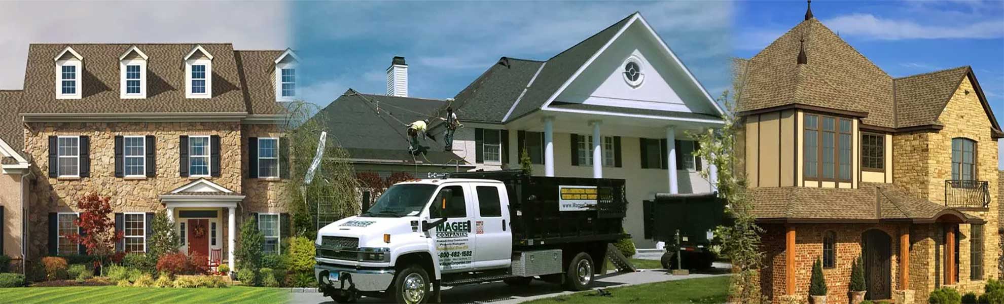 Magee Roofing Company work truck and crew at work